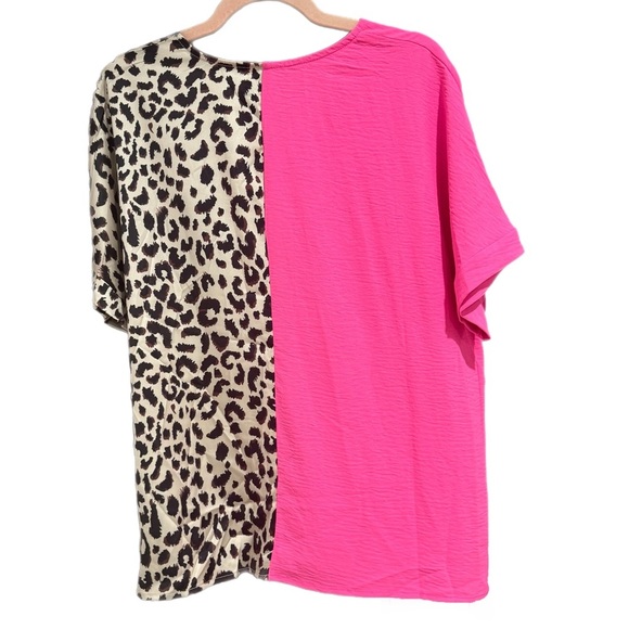 Contrast Pink & Leopard Colorblock V Neck Boutique Top Short Sleeve Shirt - Picture 10 of 11